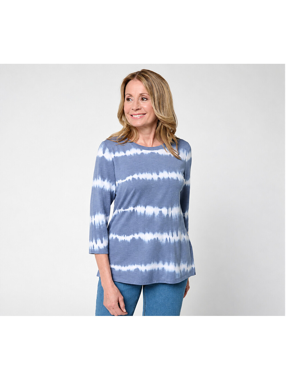 Denim & Co. Soft Blend Tie Dye Stripe Printed Top Indigo, Petite Medium
